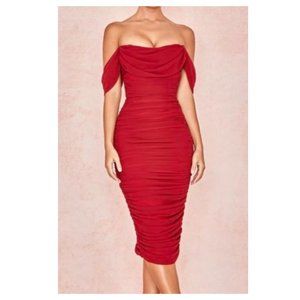 House of CB Red Ruched Off Shoulder Carlotta Dress